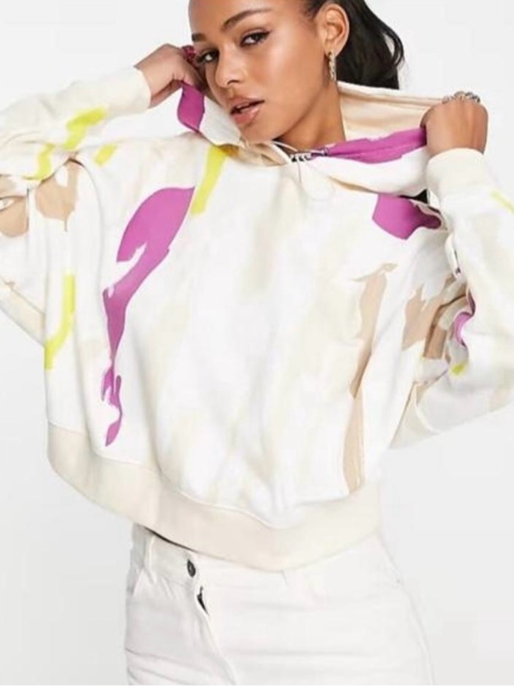 Adidas Women’s Cream Hoodie with Pink & Yellow Print